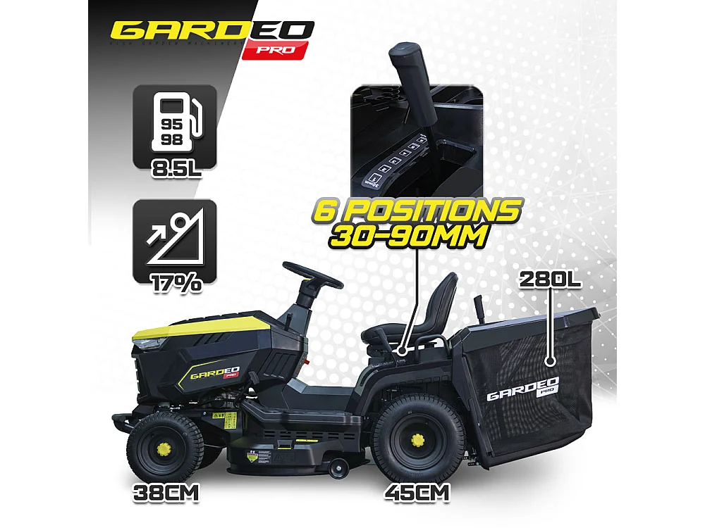 Tracteur tondeuse Gardeo Pro 102 cm, 452 cc (9,2 kW), bac 280 L, fonction mulching