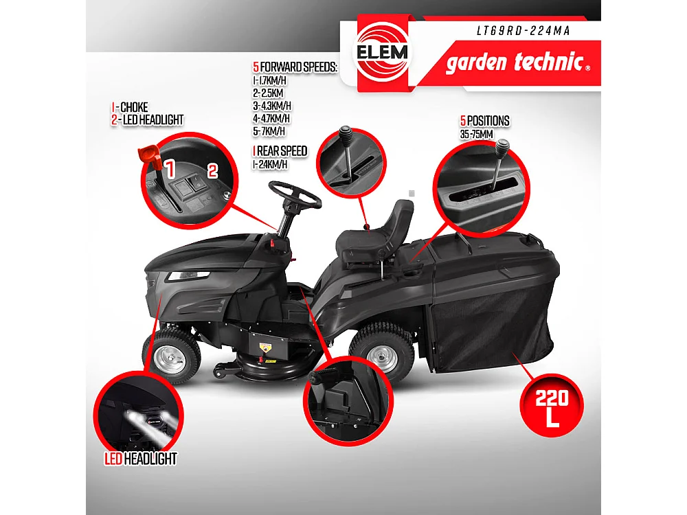 Tracteur tondeuse thermique 224cc Elem Garden Technic - Largeur de coupe 68,5 cm