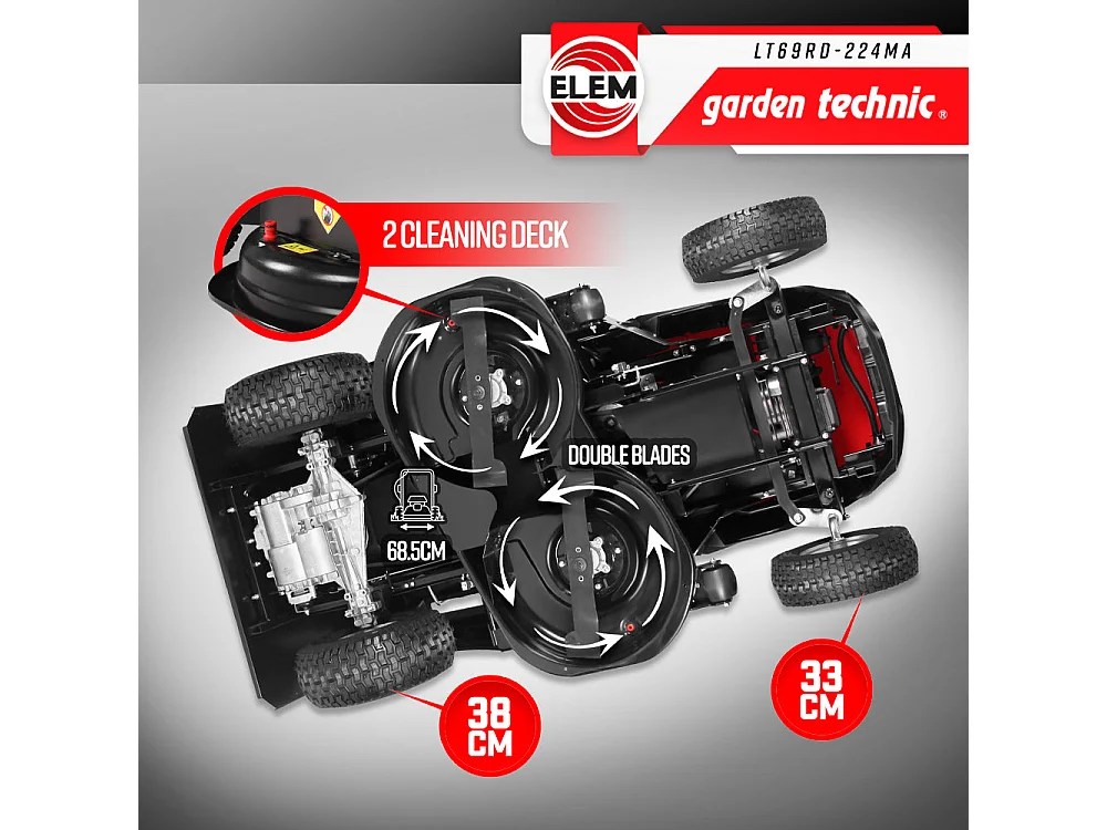 Tracteur tondeuse thermique 224cc Elem Garden Technic - Largeur de coupe 68,5 cm