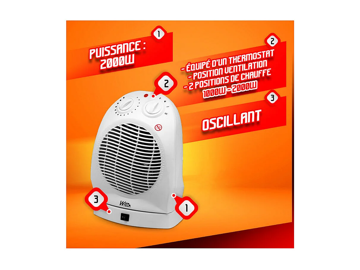 Radiateur soufflant Warm Tech 2000 W oscillant avec thermostat