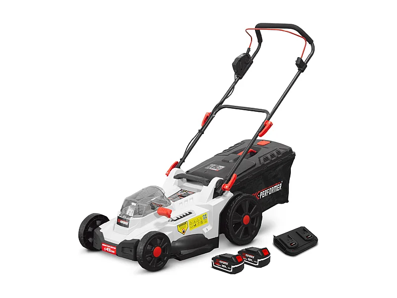 Tondeuse à gazon sans fil X-Performer 43 cm, 2 batteries 20V 4Ah, chargeur double, bac 55L
