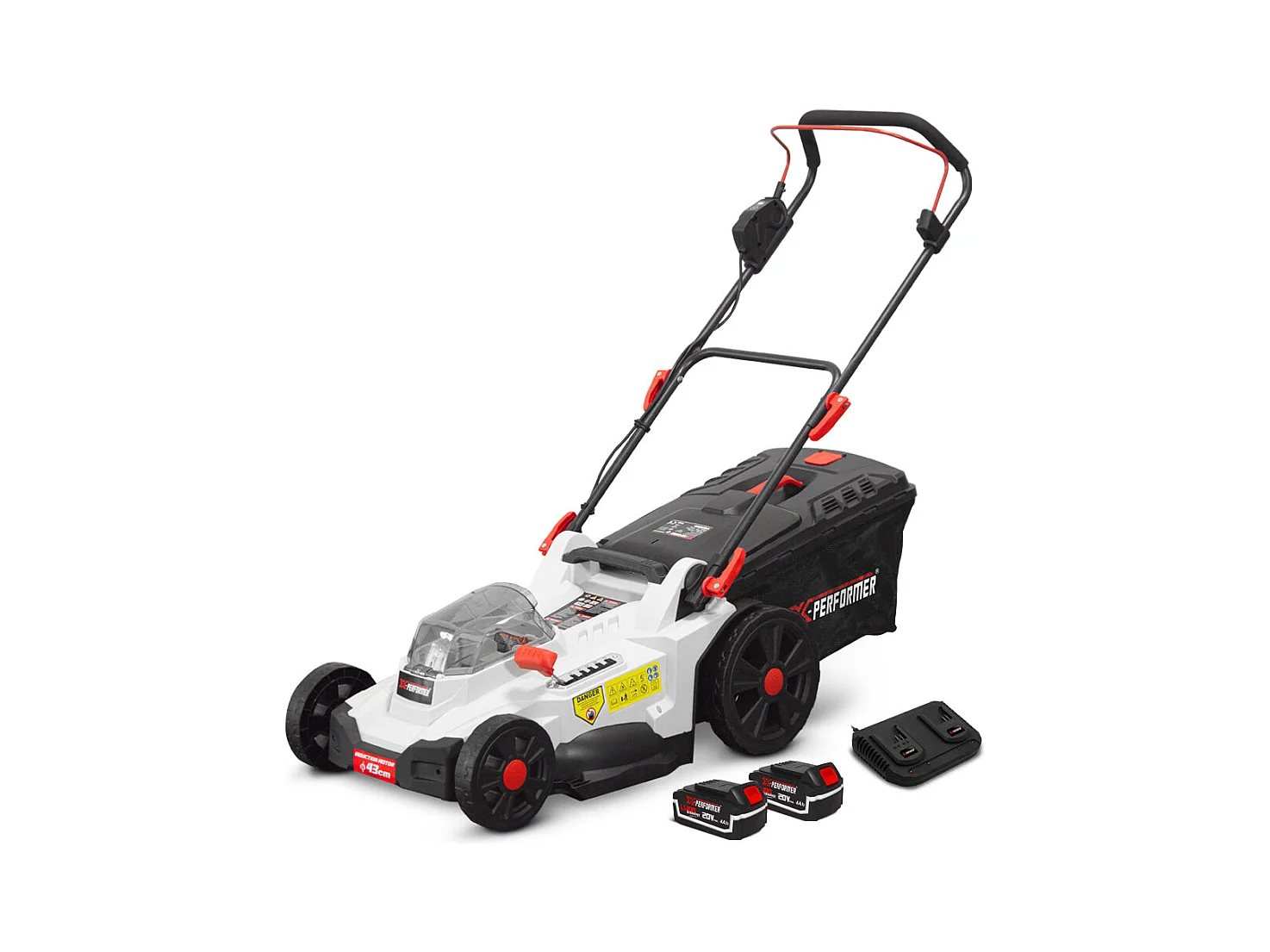 Tondeuse à gazon sans fil X-Performer 43 cm, 2 batteries 20V 4Ah, chargeur double, bac 55L