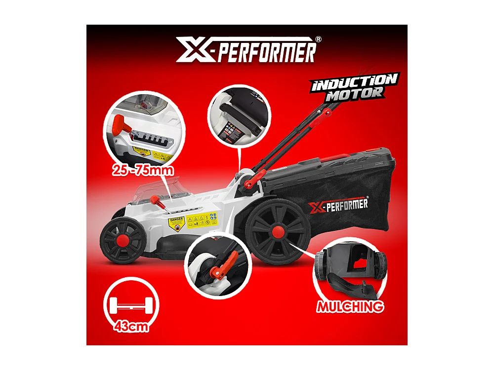 Tondeuse à gazon sans fil X-Performer 43 cm, 2 batteries 20V 4Ah, chargeur double, bac 55L
