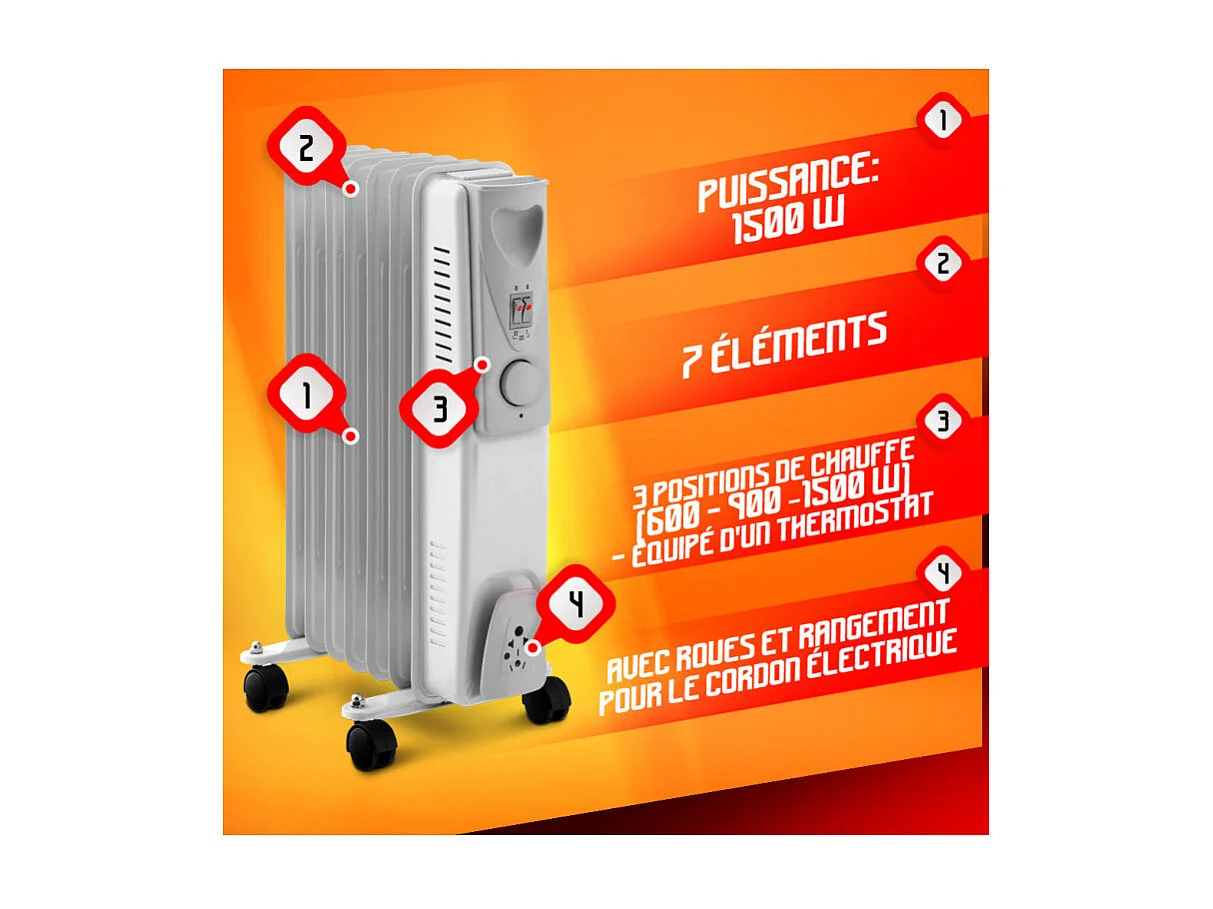 Radiateur à bain d'huile Warm Tech 1500 W, 7 éléments