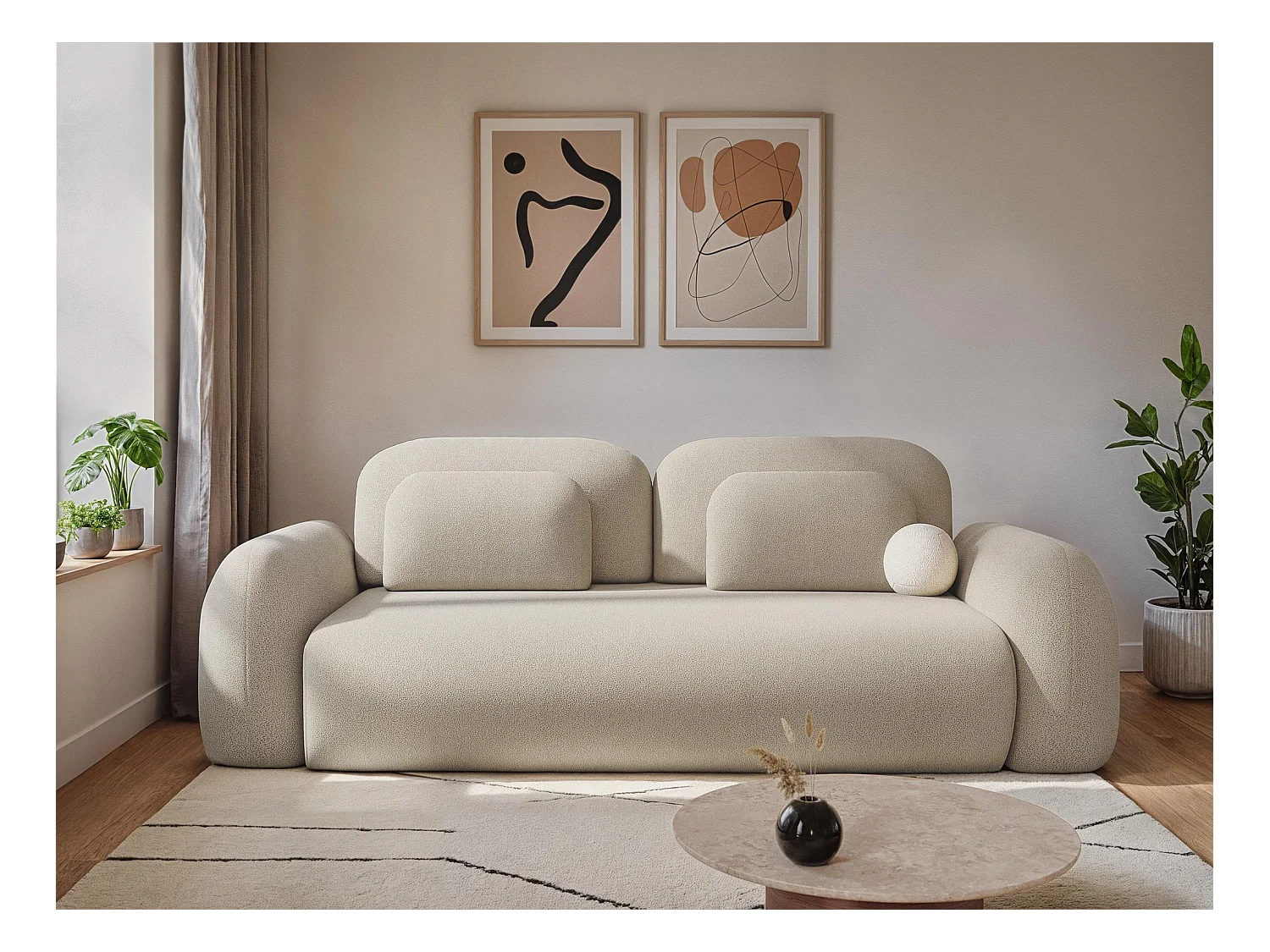 Canapé 3 places convertible en tissu chenille - beige - LOHI