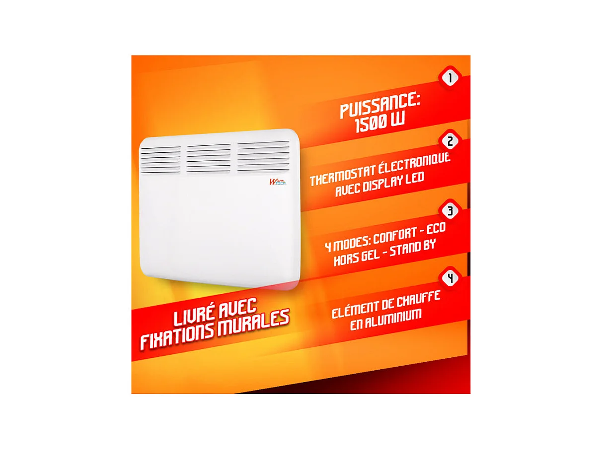 Convecteur mural Warm Tech 1500 W - 64,5 x 43 x 6,5 cm