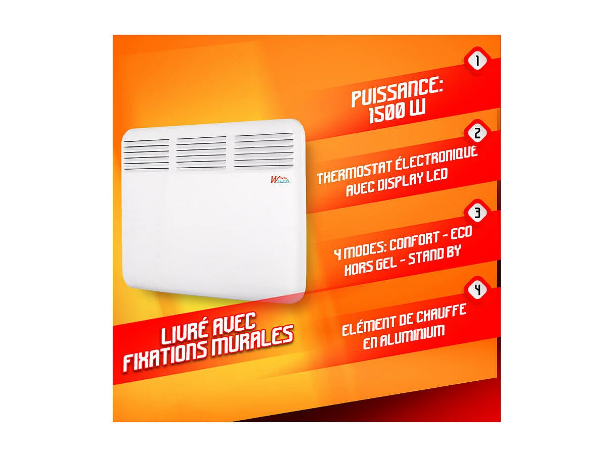 Convecteur mural Warm Tech 1500 W - 64,5 x 43 x 6,5 cm