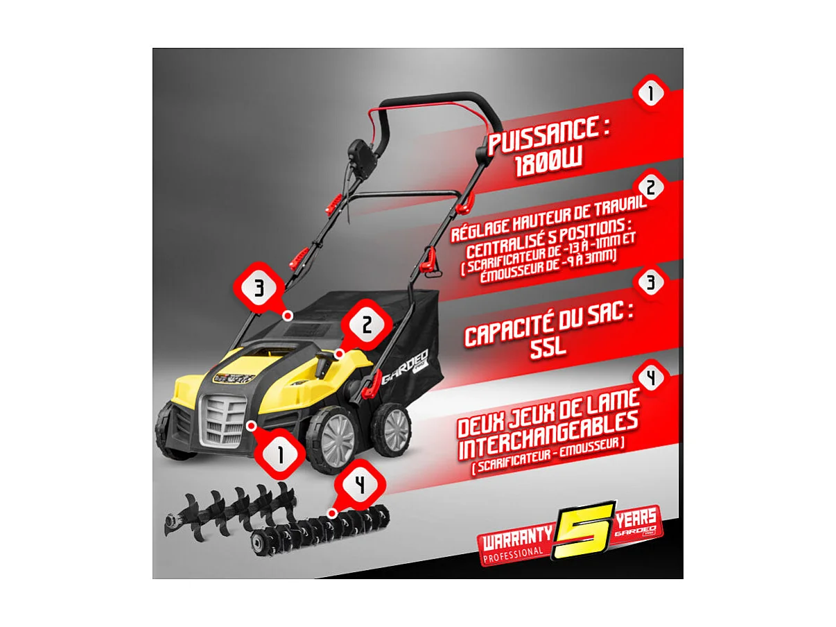 Scarificateur émousseur électrique 2 en 1 pour pelouse Gardeo Pro - 1800 W, 40 cm