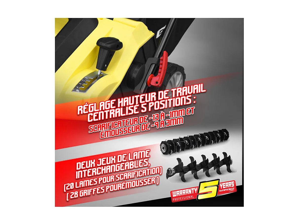 Scarificateur émousseur électrique 2 en 1 pour pelouse Gardeo Pro - 1800 W, 40 cm
