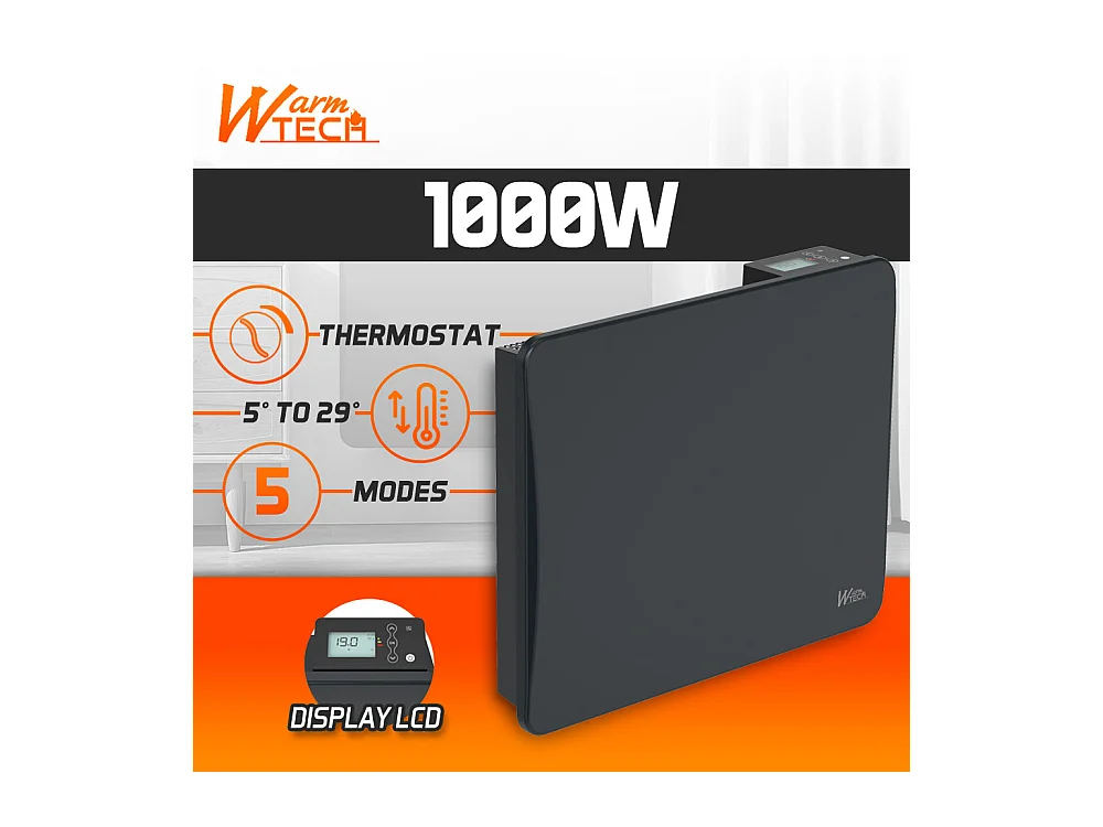 Radiateur à inertie céramique 1000 W mural Noir - Thermostat LCD