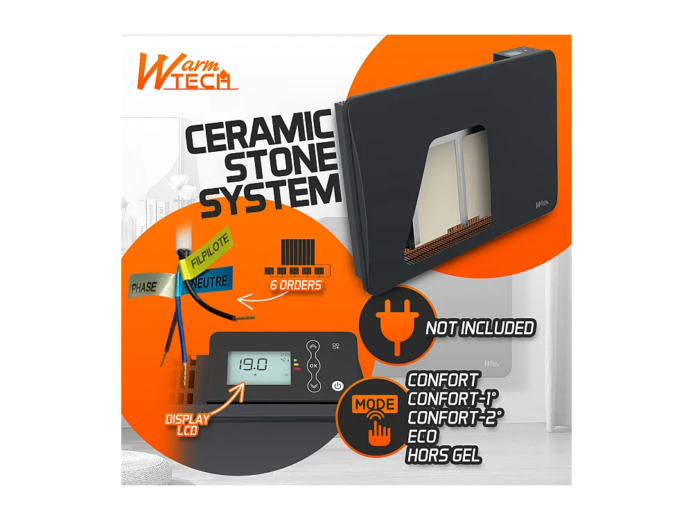 Radiateur à inertie céramique 1000 W mural Noir - Thermostat LCD