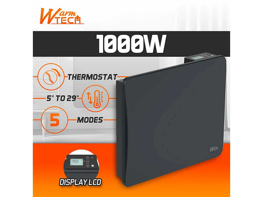 Radiateur à inertie céramique 1000 W mural Noir - Thermostat LCD