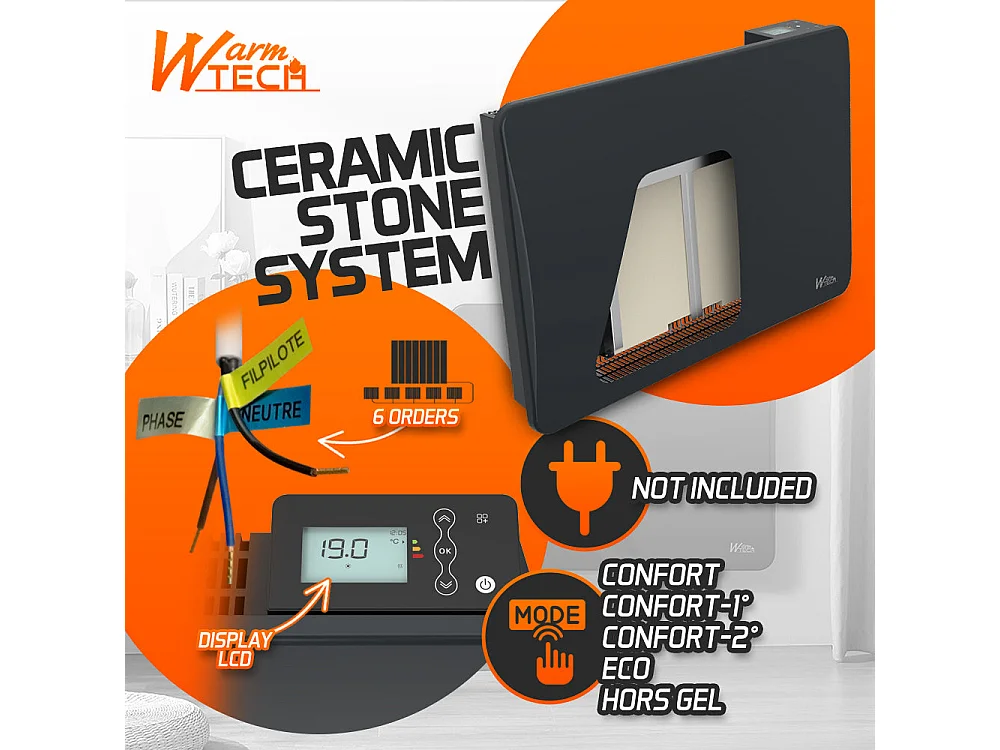 Radiateur à inertie céramique 1000 W mural Noir - Thermostat LCD