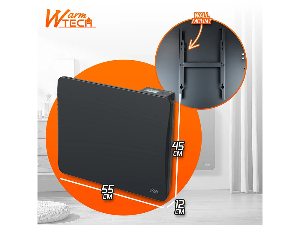 Radiateur à inertie céramique 1000 W mural Noir - Thermostat LCD