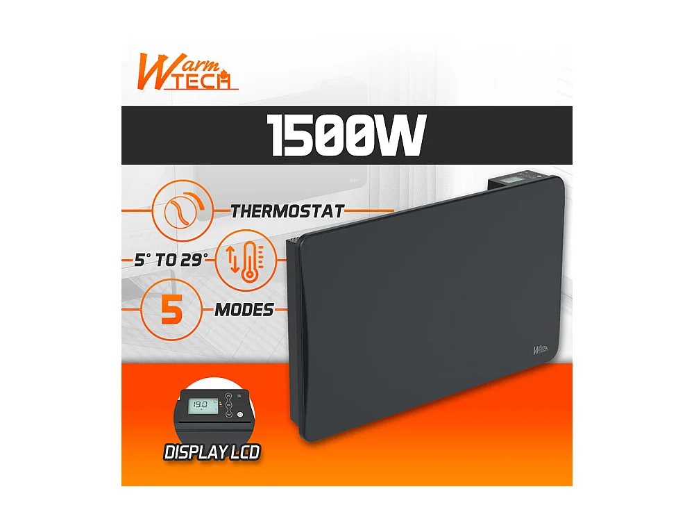Radiateur à inertie céramique 1500 W mural – Noir – Thermostat LCD