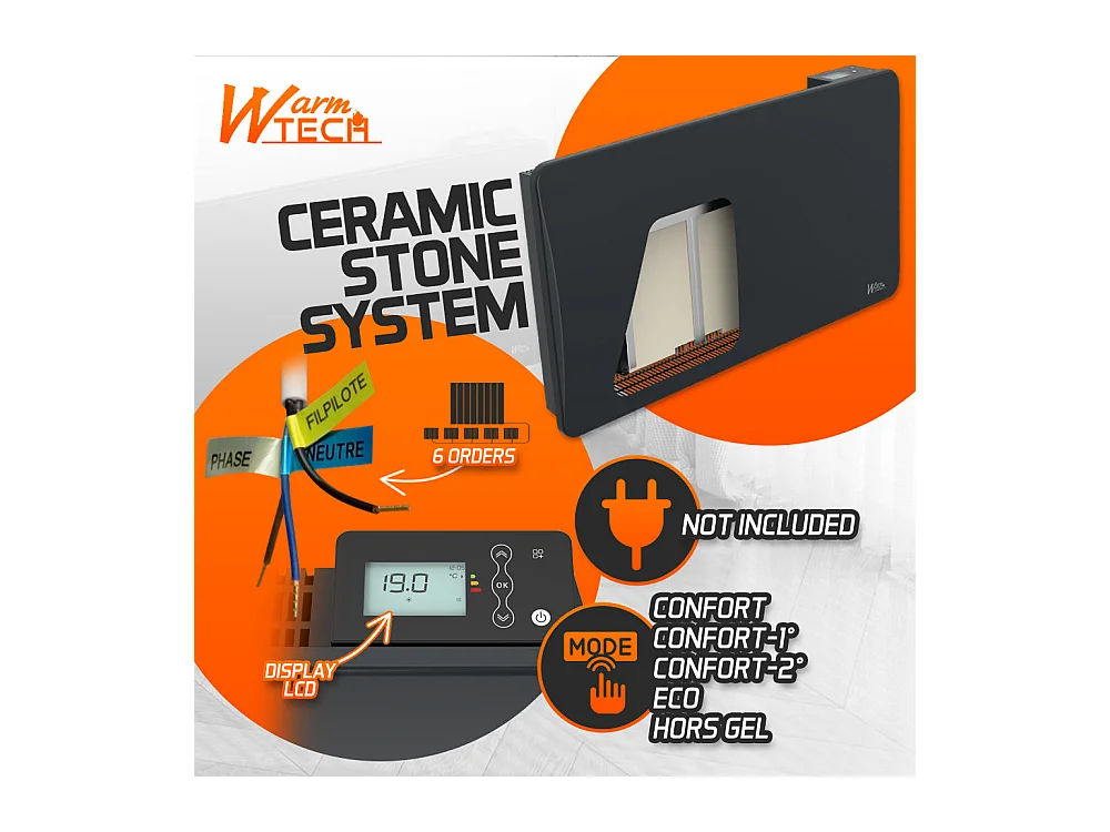 Radiateur à inertie céramique 1500 W mural – Noir – Thermostat LCD