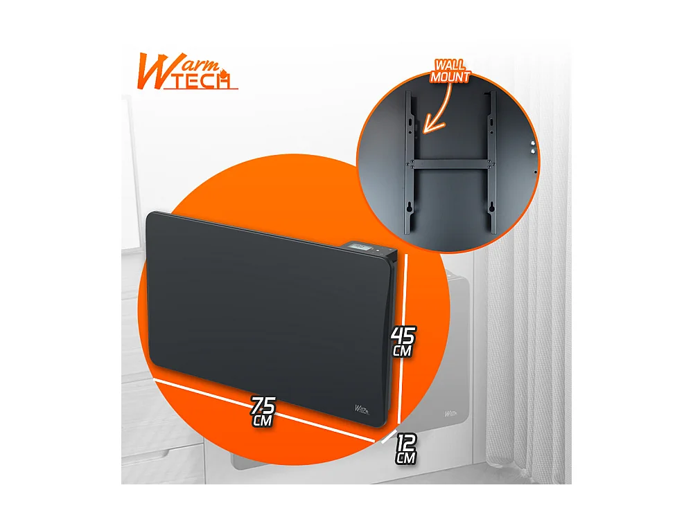 Radiateur à inertie céramique 1500 W mural – Noir – Thermostat LCD