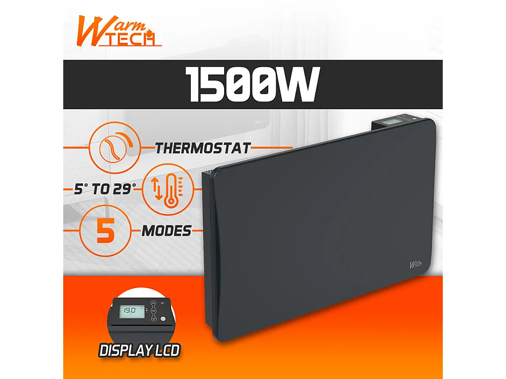 Radiateur à inertie céramique 1500 W mural – Noir – Thermostat LCD