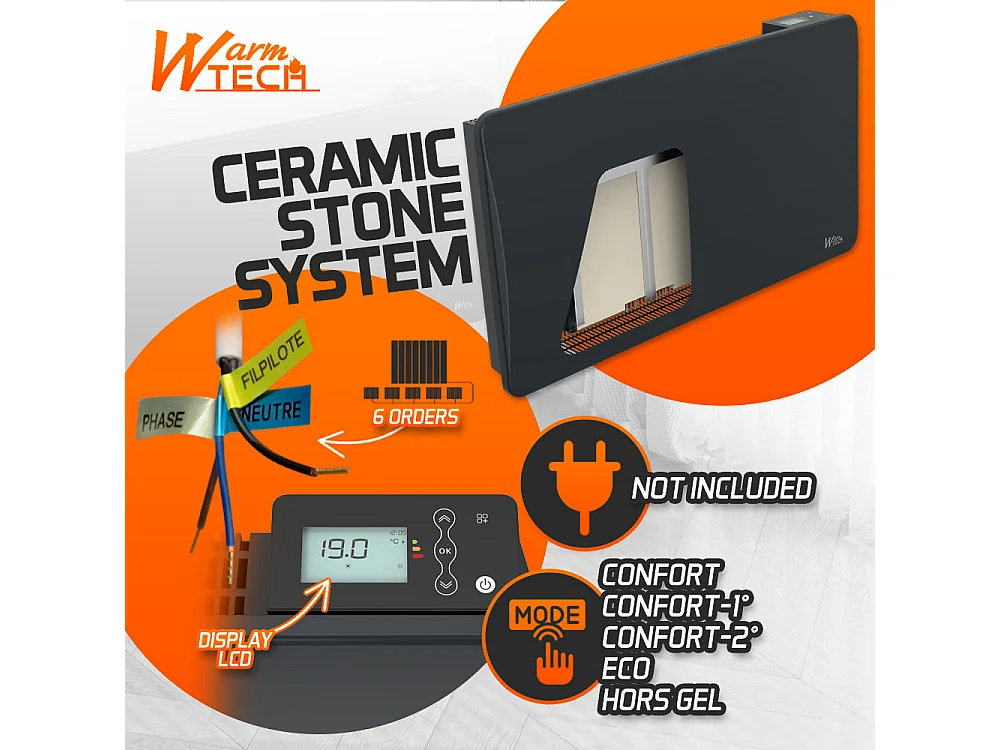 Radiateur à inertie céramique 1500 W mural – Noir – Thermostat LCD