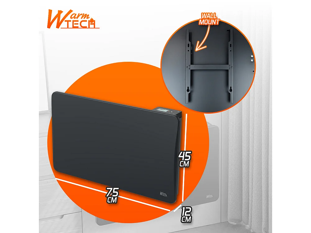 Radiateur à inertie céramique 1500 W mural – Noir – Thermostat LCD