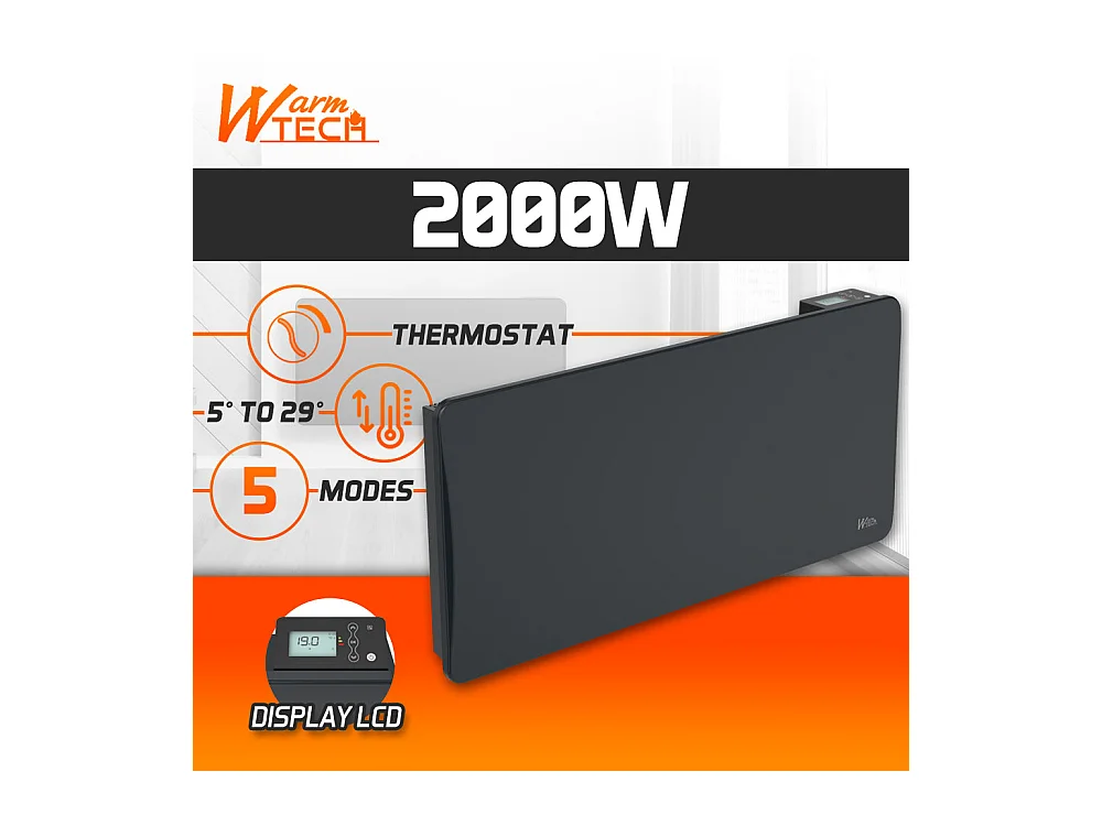 Radiateur à inertie sèche en pierre céramique 2000 W, mural, noir - Thermostat LCD