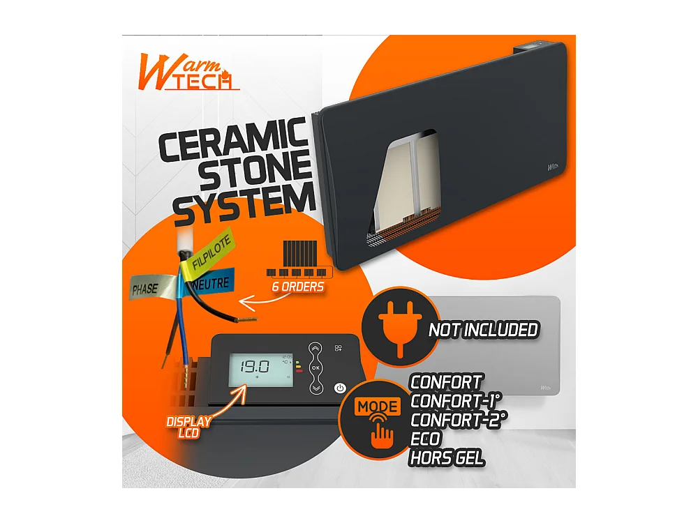 Radiateur à inertie sèche en pierre céramique 2000 W, mural, noir - Thermostat LCD