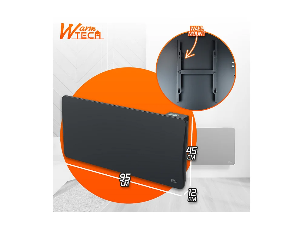 Radiateur à inertie sèche en pierre céramique 2000 W, mural, noir - Thermostat LCD