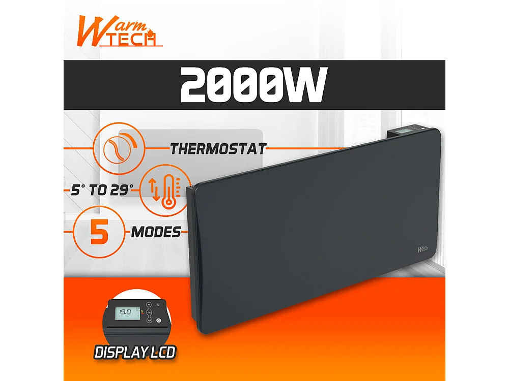 Droog keramisch inertieradiator 2000 W, wandmontage, zwart - LCD-thermostaat