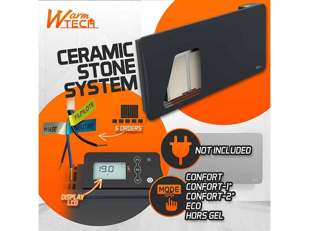 Droog keramisch inertieradiator 2000 W, wandmontage, zwart - LCD-thermostaat