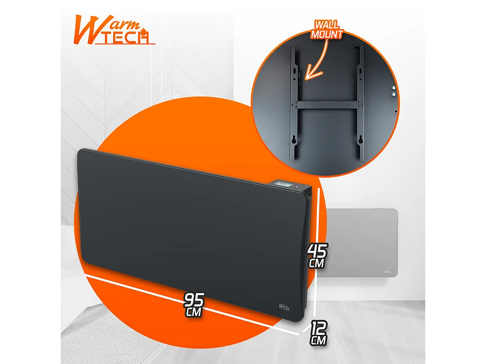 Droog keramisch inertieradiator 2000 W, wandmontage, zwart - LCD-thermostaat