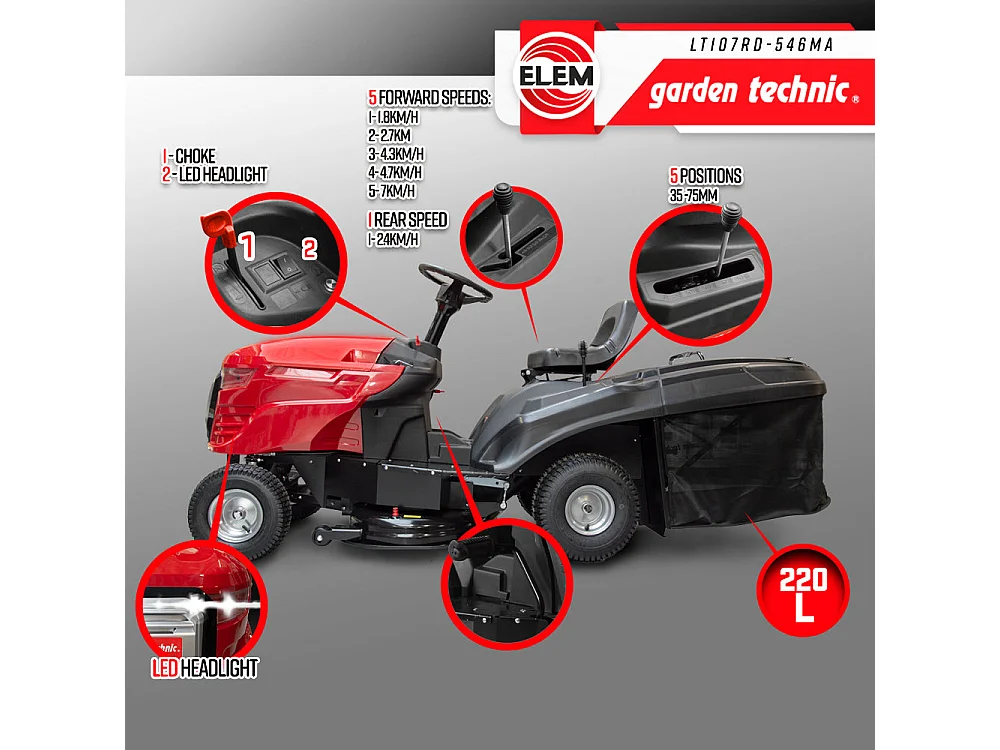 Tracteur tondeuse thermique Elem Garden Technic 546cc - Largeur de coupe 107 cm