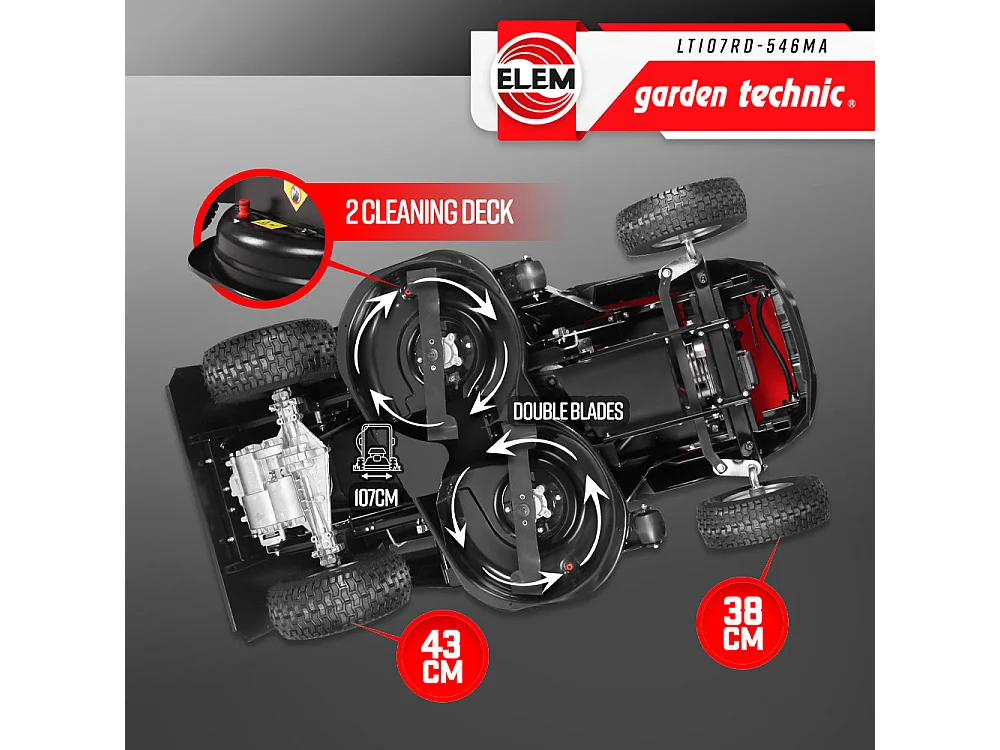 Tracteur tondeuse thermique Elem Garden Technic 546cc - Largeur de coupe 107 cm