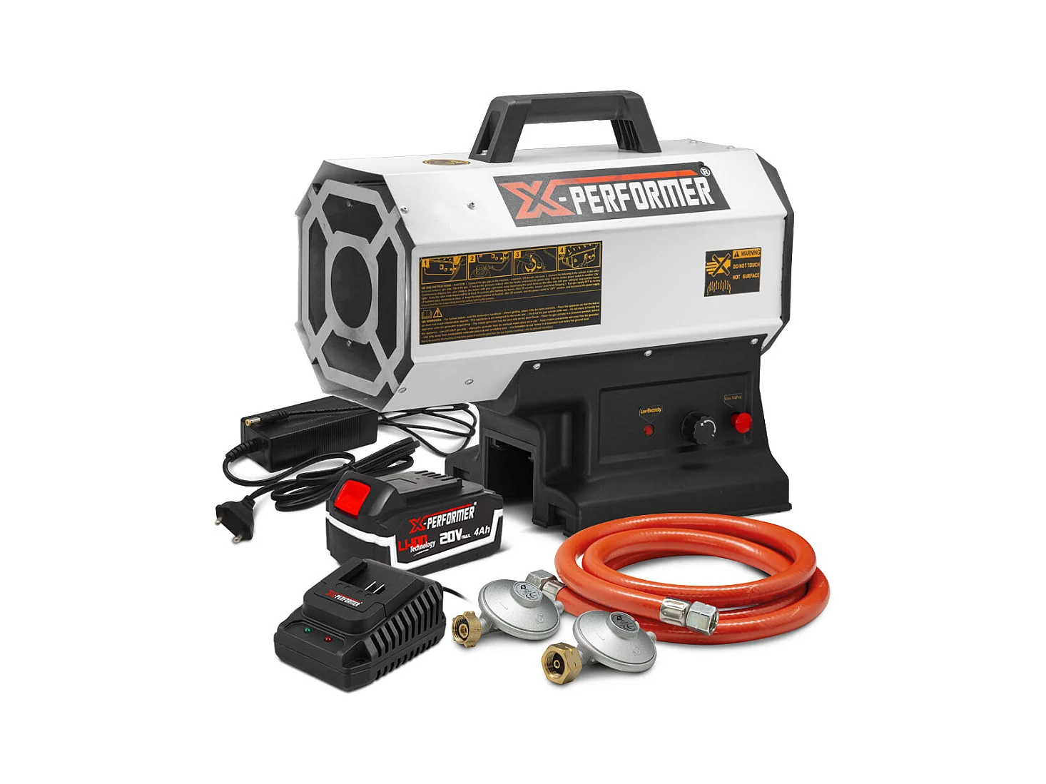 Canon à chaleur hybride X-Performer 20V/230V – 9 à 20 kW – avec batterie 4Ah et chargeur rapide 2H