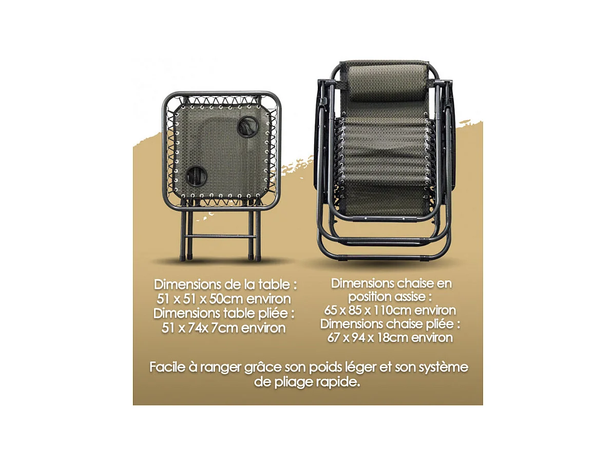 Lot de 2 chaises longues + table pliable