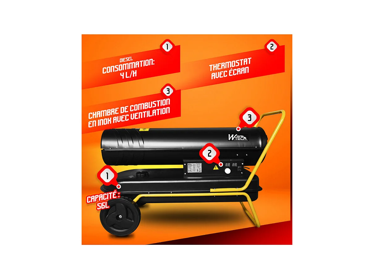Diesel-warmtekanon 50 kW met thermostaat en wielen - WARMTECH