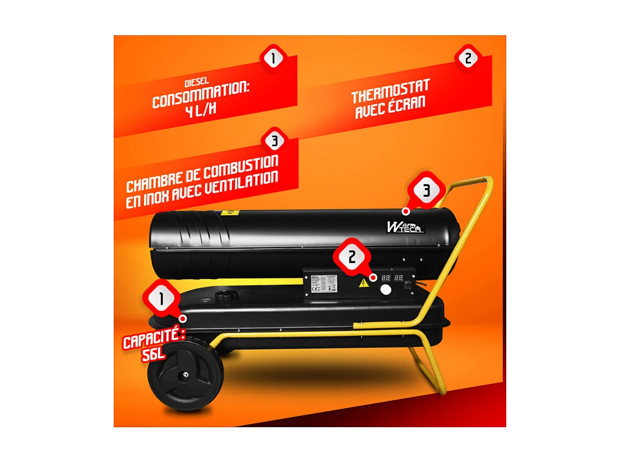 Canon à chaleur diesel 50 kW avec thermostat et roues - WARMTECH