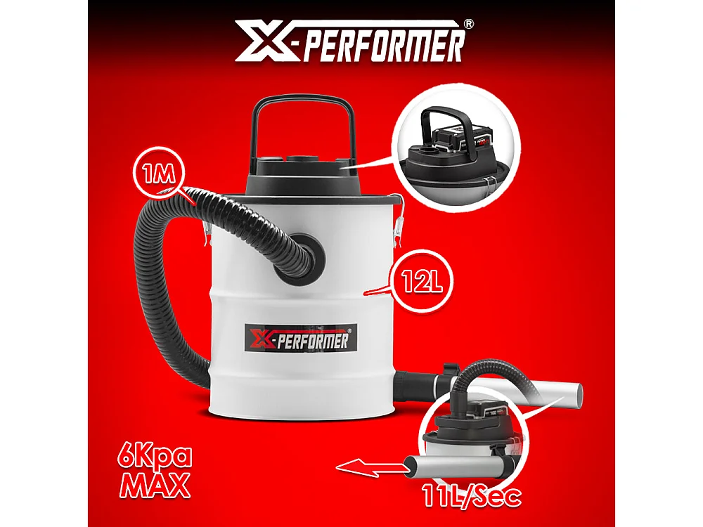 Vide-cendres rechargeable X-Performer 12 L avec filtre HEPA et fonction soufflerie (sans batterie)