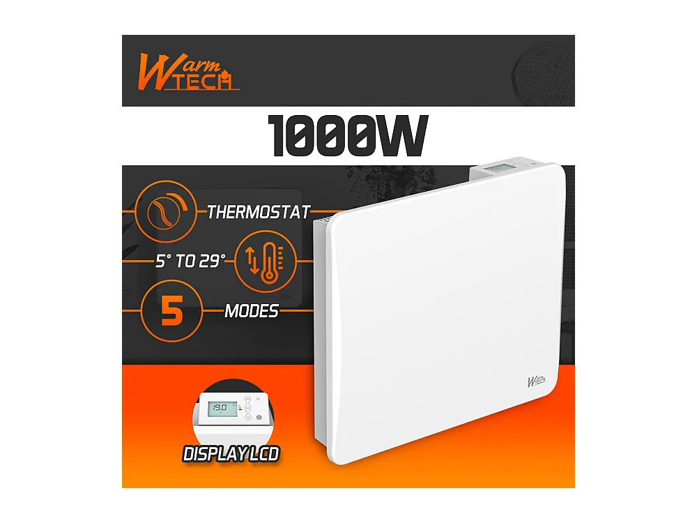 Radiateur à inertie céramique 1000 W mural – Blanc – Thermostat LCD