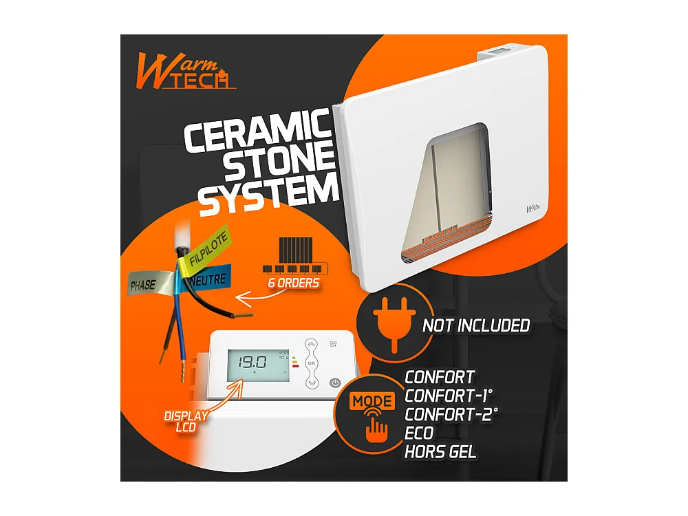 Radiateur à inertie céramique 1000 W mural – Blanc – Thermostat LCD