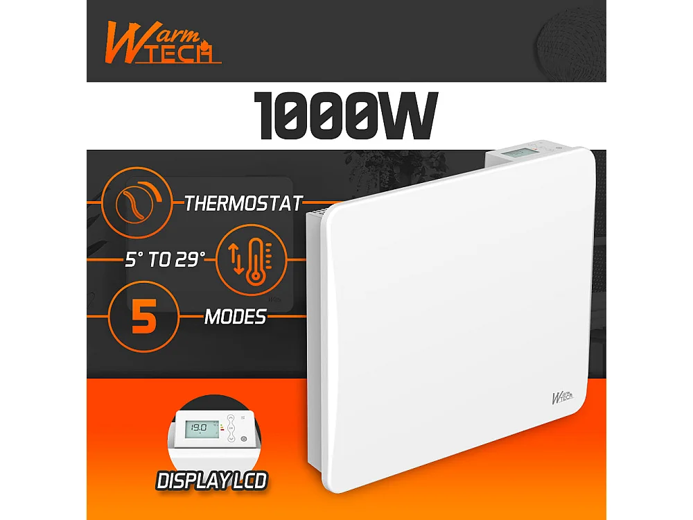 Radiateur à inertie céramique 1000 W mural – Blanc – Thermostat LCD