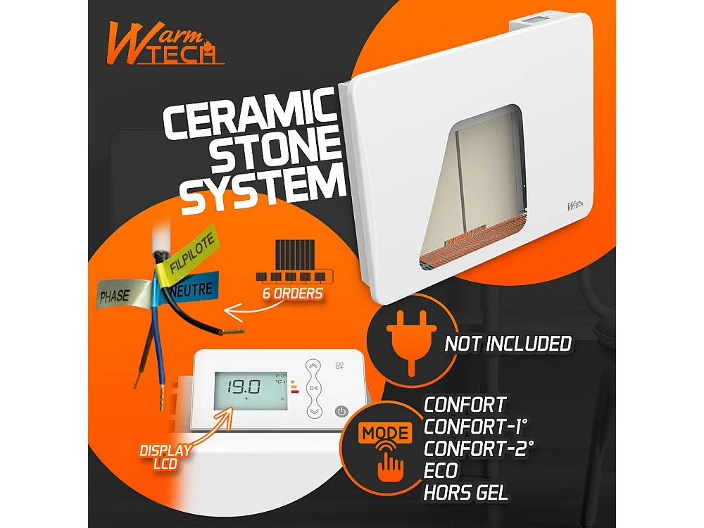 Radiateur à inertie céramique 1000 W mural – Blanc – Thermostat LCD