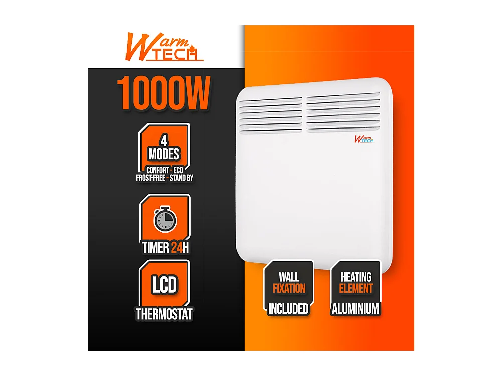 Chauffage électrique mural 1000 W – Thermostat électronique – Timer 24 h – Blanc