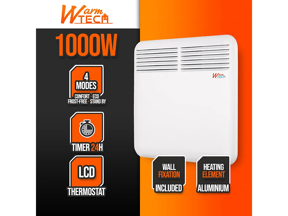 Chauffage électrique mural 1000 W – Thermostat électronique – Timer 24 h – Blanc