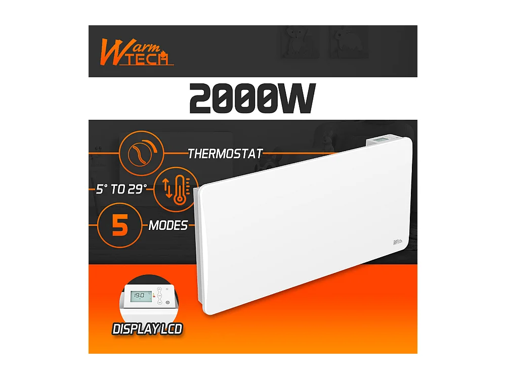 Radiateur à inertie céramique 2000 W, mural, blanc - Thermostat LCD
