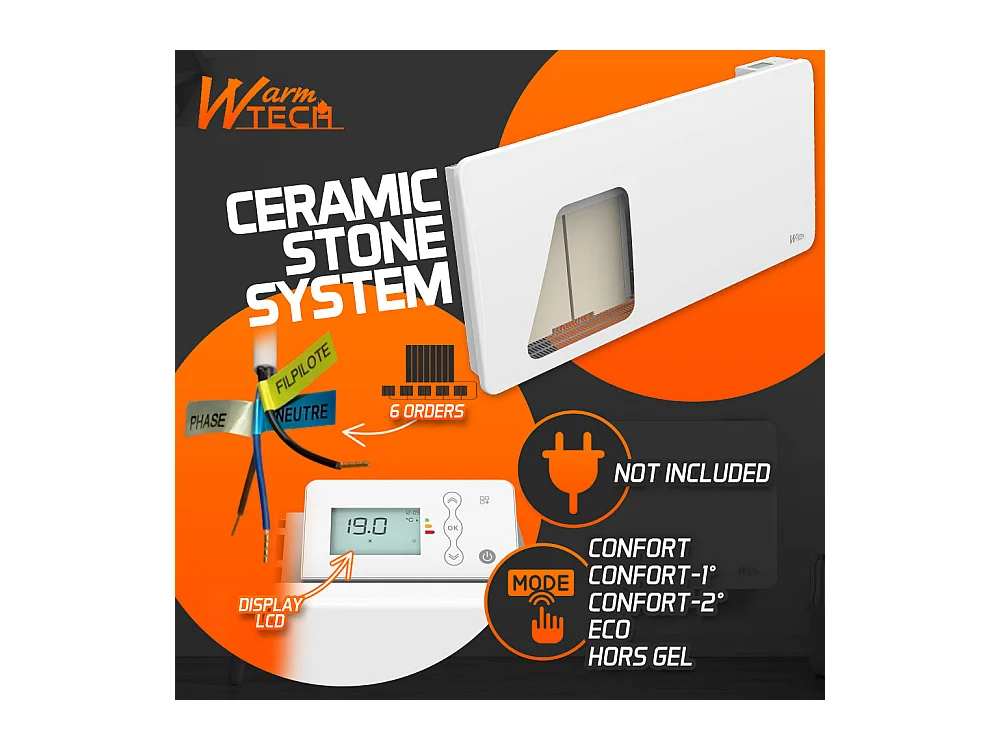 Radiateur à inertie céramique 2000 W, mural, blanc - Thermostat LCD