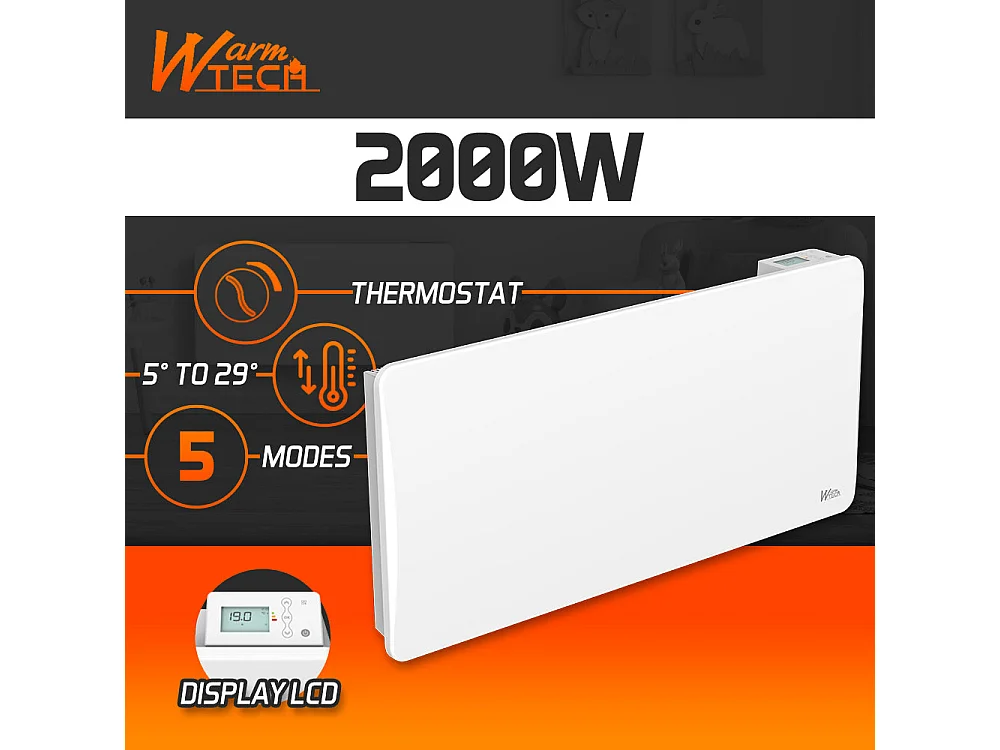 Radiateur à inertie céramique 2000 W, mural, blanc - Thermostat LCD