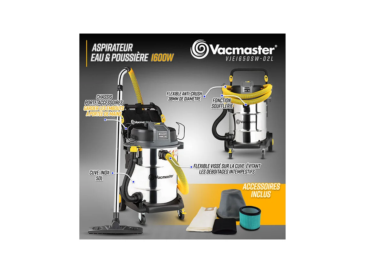Aspirateur eau et poussières Vacmaster Professional 1600 W, 50 L, inox, 23 kPa avec soufflerie et vidange de la cuve