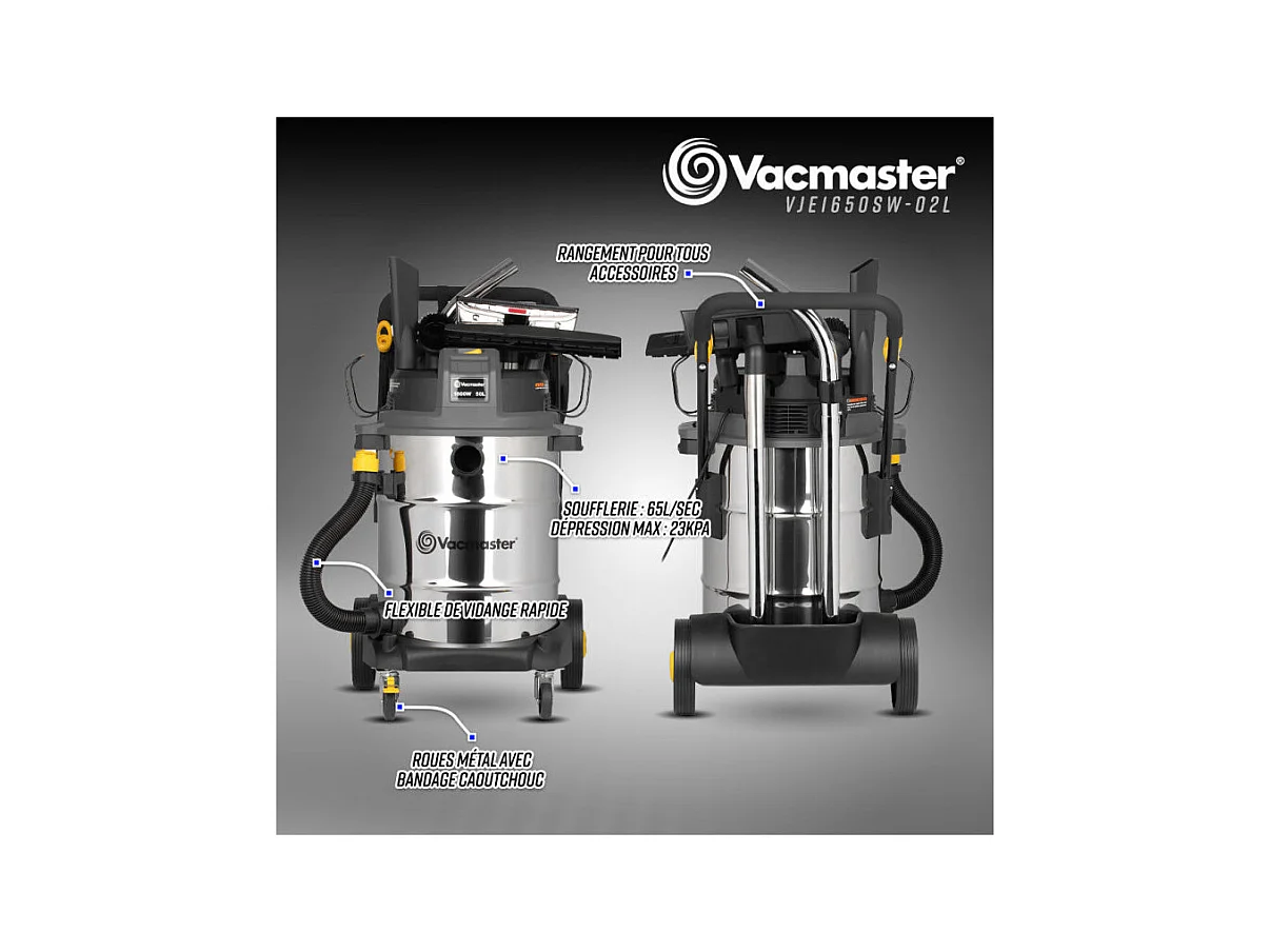 Aspirateur eau et poussières Vacmaster Professional 1600 W, 50 L, inox, 23 kPa avec soufflerie et vidange de la cuve