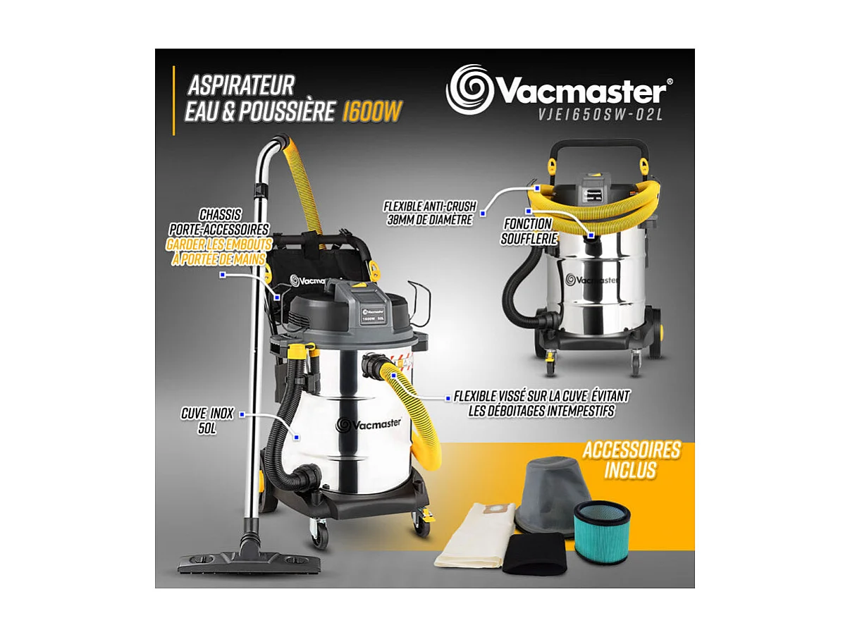 Aspirateur eau et poussières Vacmaster Professional 1600 W, 50 L, inox, 23 kPa avec soufflerie et vidange de la cuve