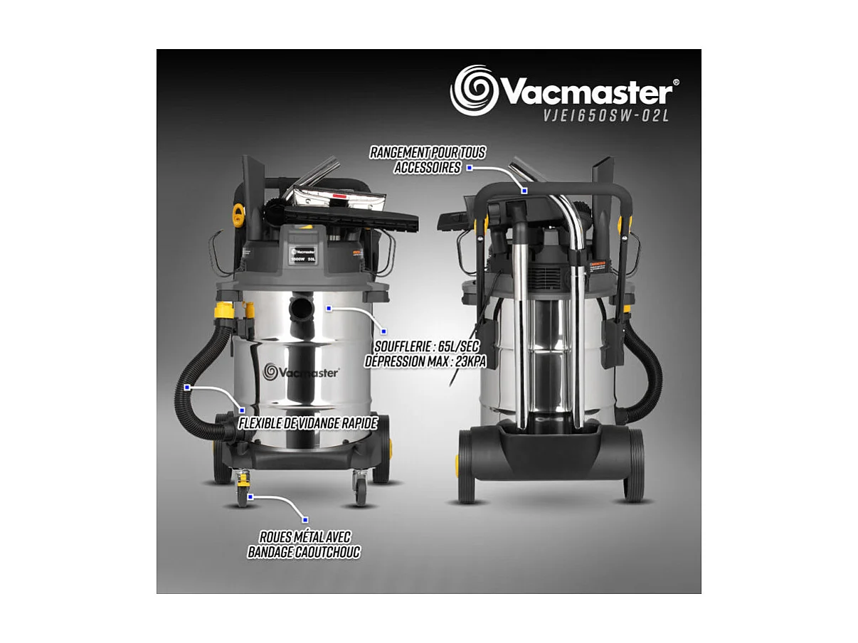 Aspirateur eau et poussières Vacmaster Professional 1600 W, 50 L, inox, 23 kPa avec soufflerie et vidange de la cuve